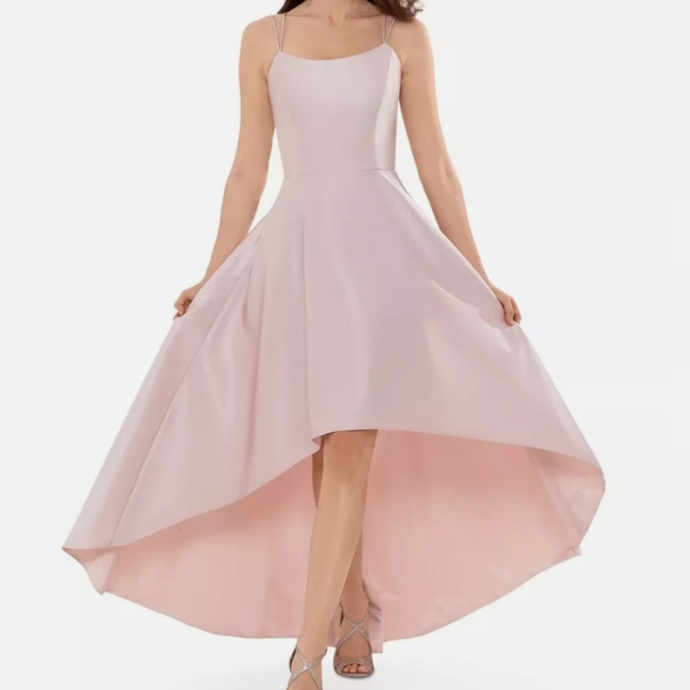 XSCAPE Petite High-Low Ball Satin Gown Double Spaghetti Straps, Lt. Pink, Sz 10P